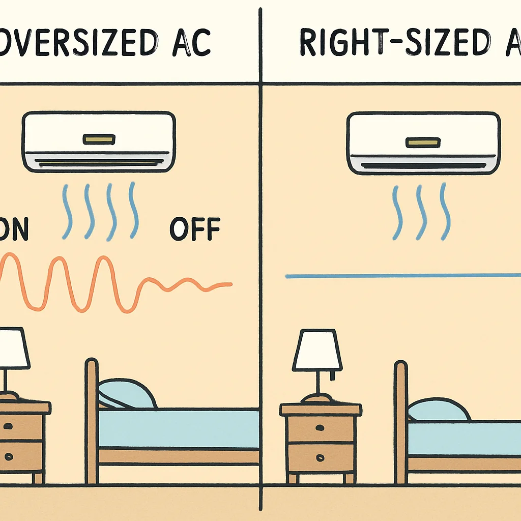 A simple illustration showing two rooms: one with an 'oversized' AC that is 'ON/OFF' frequently, leading to temperature swings. The other with a 'right-sized' AC running for longer, gentler cycles, showing a stable temperature