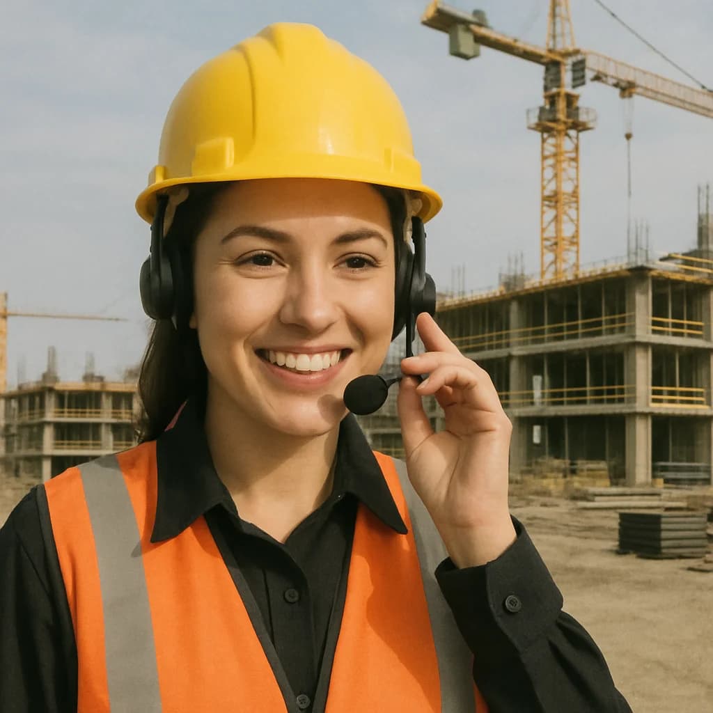 An operator answering a call with a construction site in the background