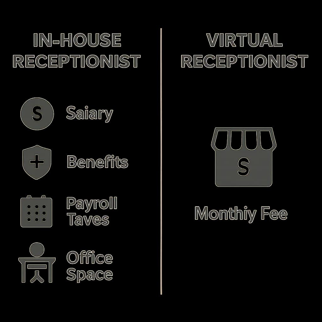 A simple side-by-side comparison graphic. Left side labeled 'In-House Receptionist' with icons for Salary, Benefits, Payroll Taxes, Office Space. Right side labeled 'Virtual Receptionist' with one icon for a monthly fee. No complex numbers, just visual representation